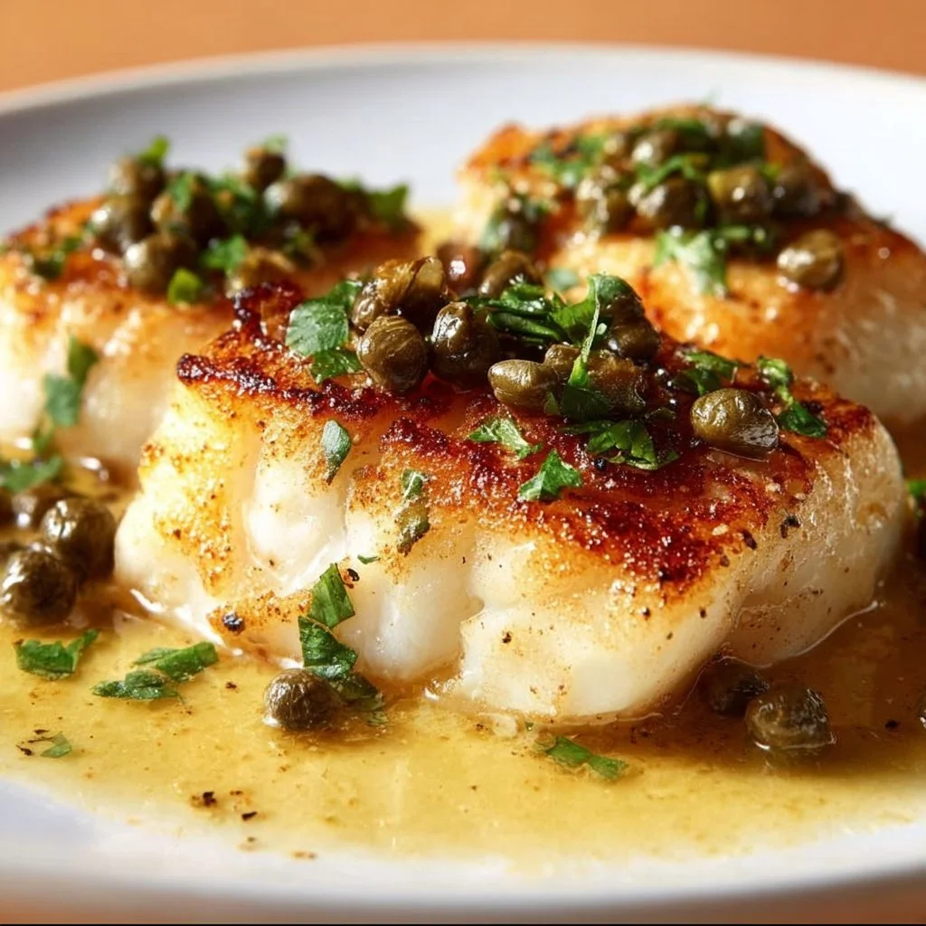 Cod Piccata: filetto di merluzzo servito con salsa di limone e capperi.