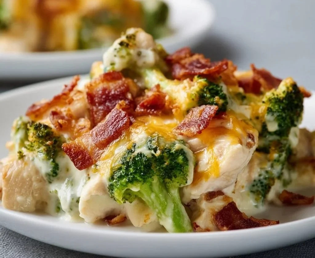 Casseruola di pollo cremosa con broccoli e bacon, piatto low carb e saporito