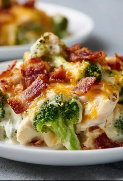Casseruola di pollo cremosa con broccoli e bacon, piatto low carb e saporito