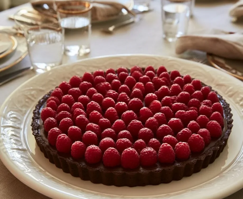 Crostata con cioccolato e lamponi, un dessert delizioso e invitante.