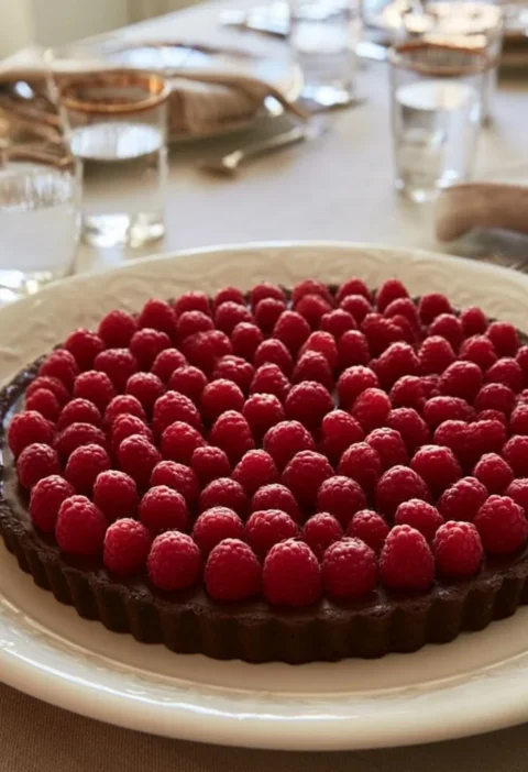 Crostata con cioccolato e lamponi, un dessert delizioso e invitante.