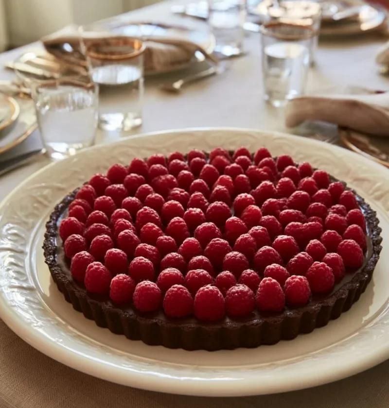 Crostata con cioccolato e lamponi, un dessert delizioso e invitante.