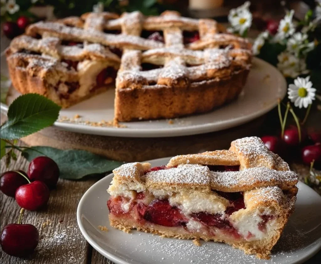 Crostata con crema allo yogurt e ciliegie, dessert estivo