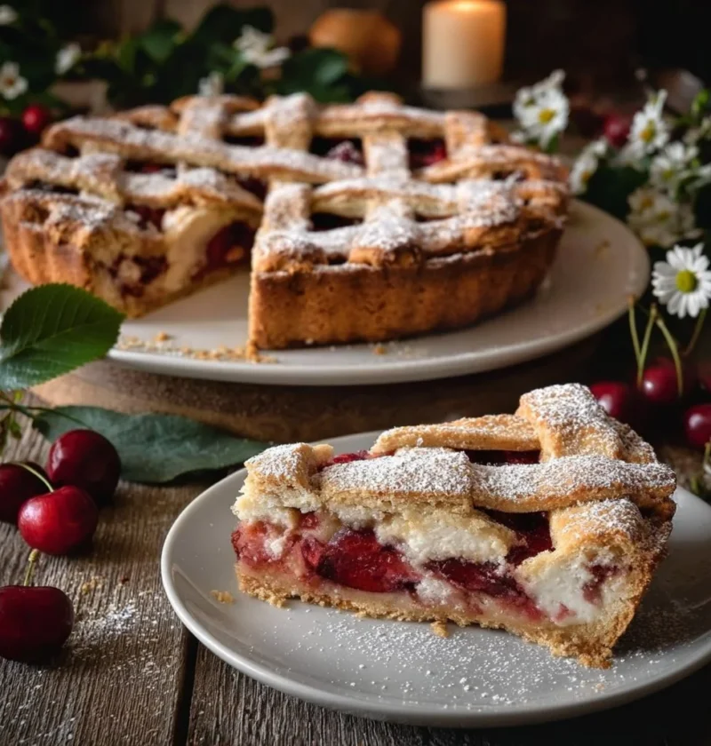 Crostata con crema allo yogurt e ciliegie, dessert estivo