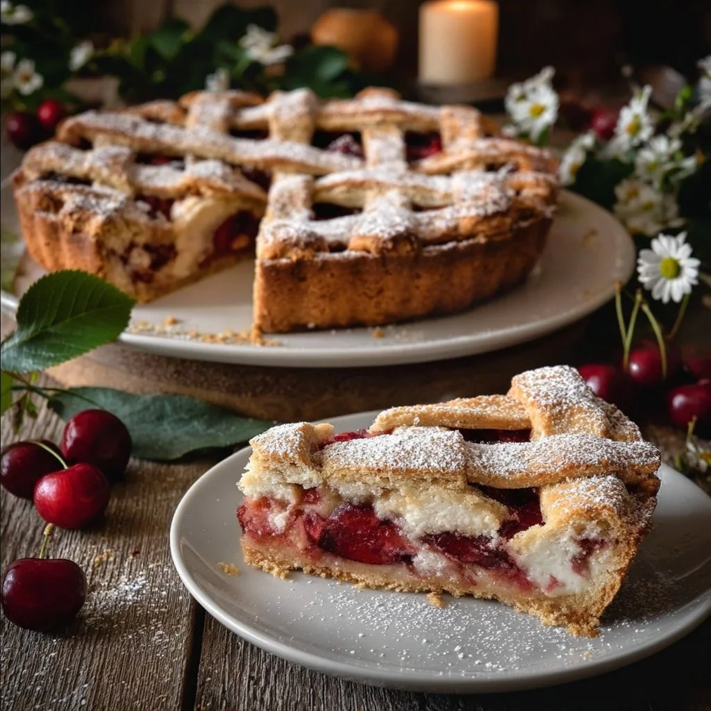 Crostata con crema allo yogurt e ciliegie, dessert estivo