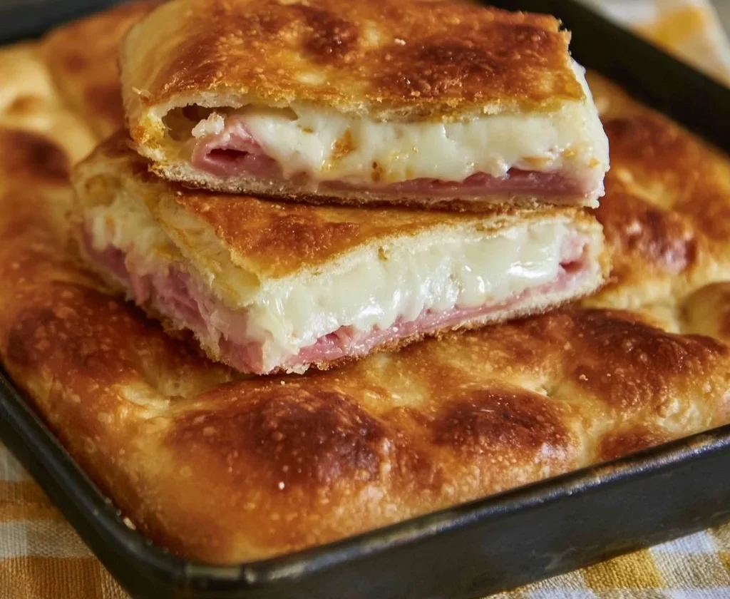 Focaccia farcita con prosciutto, scamorza e stracchino pronta da servire