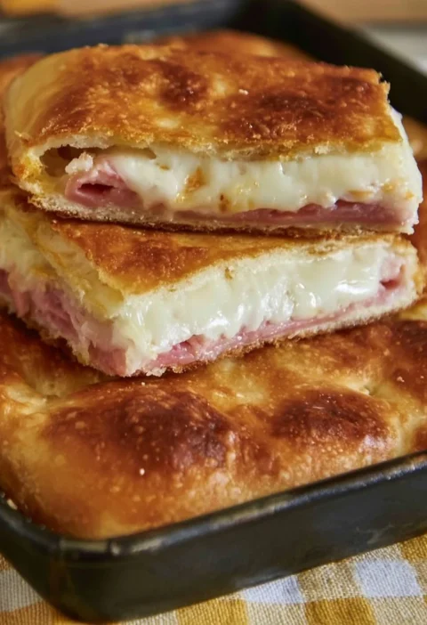 Focaccia farcita con prosciutto, scamorza e stracchino pronta da servire