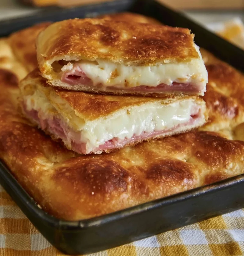 Focaccia farcita con prosciutto, scamorza e stracchino pronta da servire