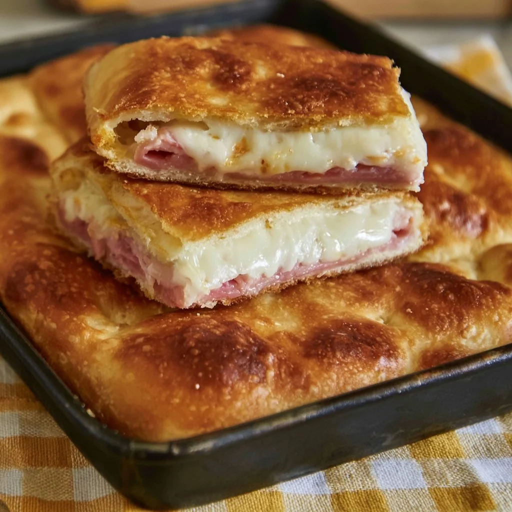 Focaccia farcita con prosciutto, scamorza e stracchino pronta da servire