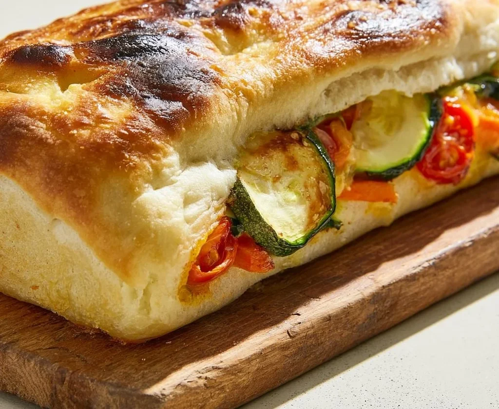 Focaccia Ripiena di Verdure fresca e colorata, pronta da servire