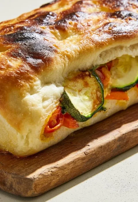 Focaccia Ripiena di Verdure fresca e colorata, pronta da servire
