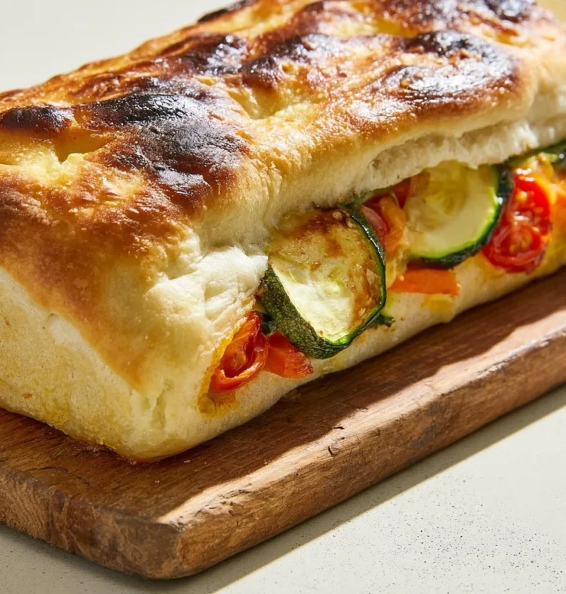 Focaccia Ripiena di Verdure fresca e colorata, pronta da servire
