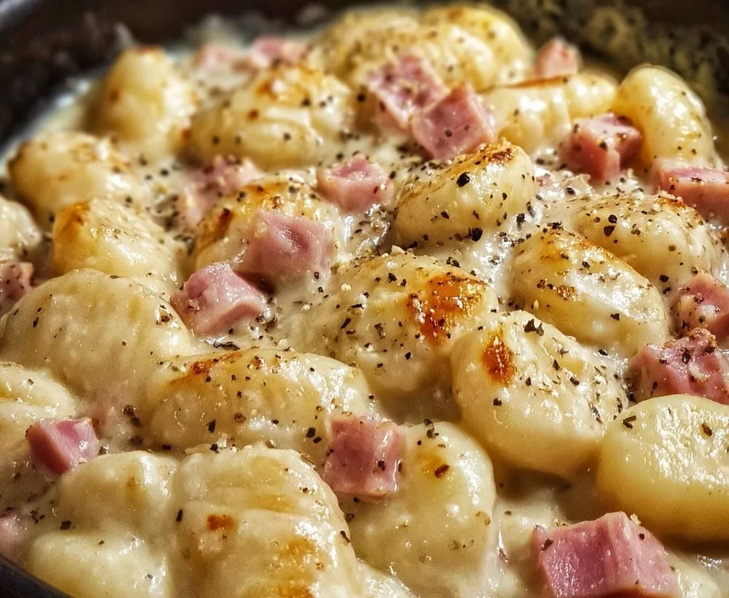 Gnocchi di patate con fonduta e prosciutto serviti in un piatto elegante