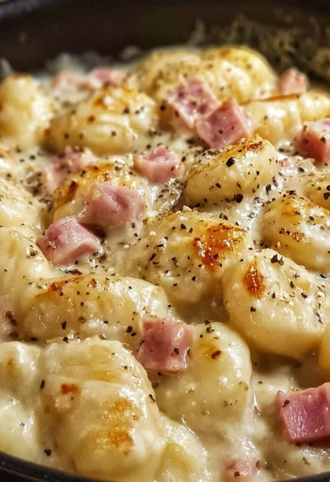 Gnocchi di patate con fonduta e prosciutto serviti in un piatto elegante