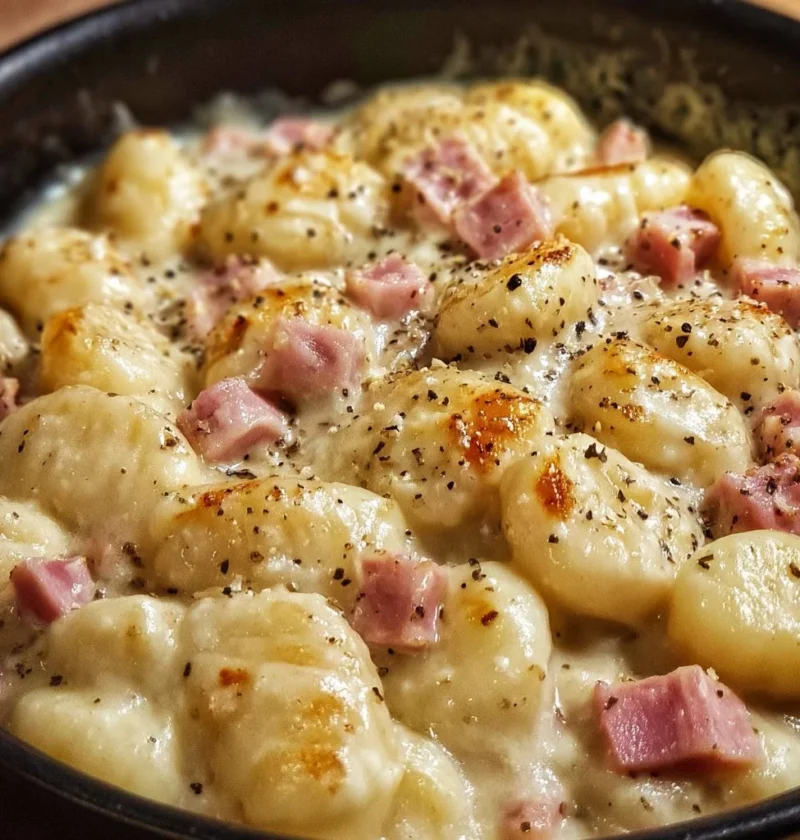 Gnocchi di patate con fonduta e prosciutto serviti in un piatto elegante