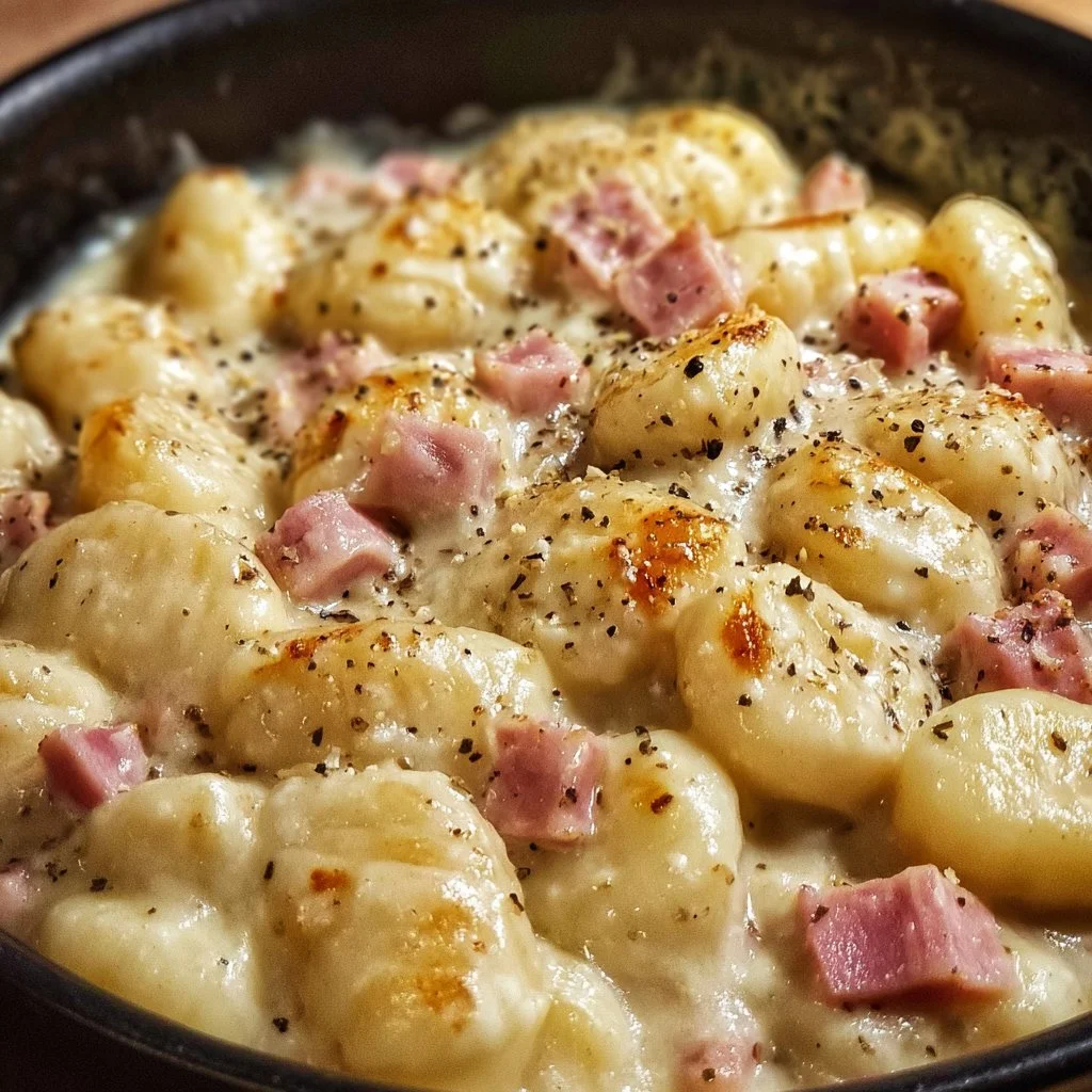 Gnocchi di patate con fonduta e prosciutto serviti in un piatto elegante