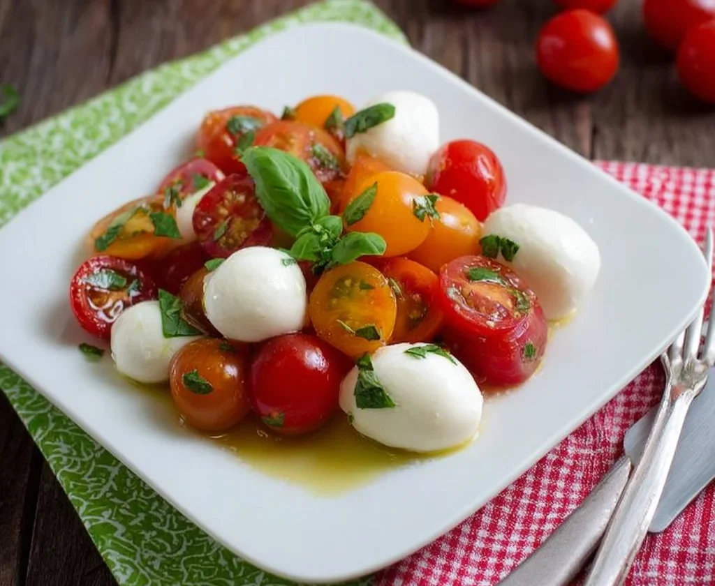 Insalata Caprese con pomodorini freschi e mozzarella, un piatto tipico italiano.