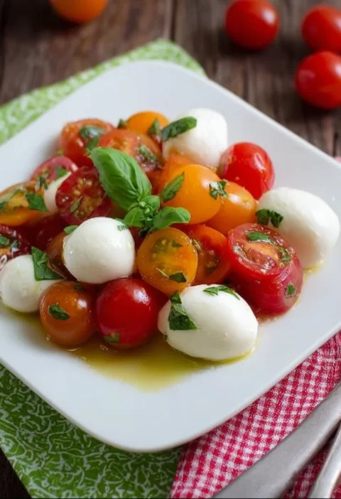 Insalata Caprese con pomodorini freschi e mozzarella, un piatto tipico italiano.