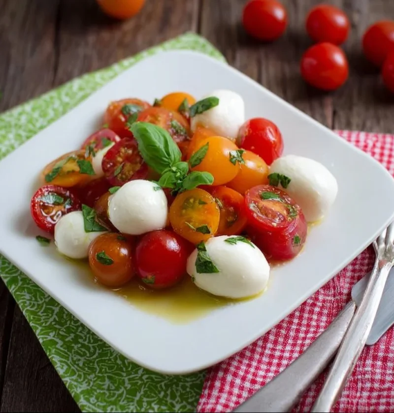 Insalata Caprese con pomodorini freschi e mozzarella, un piatto tipico italiano.