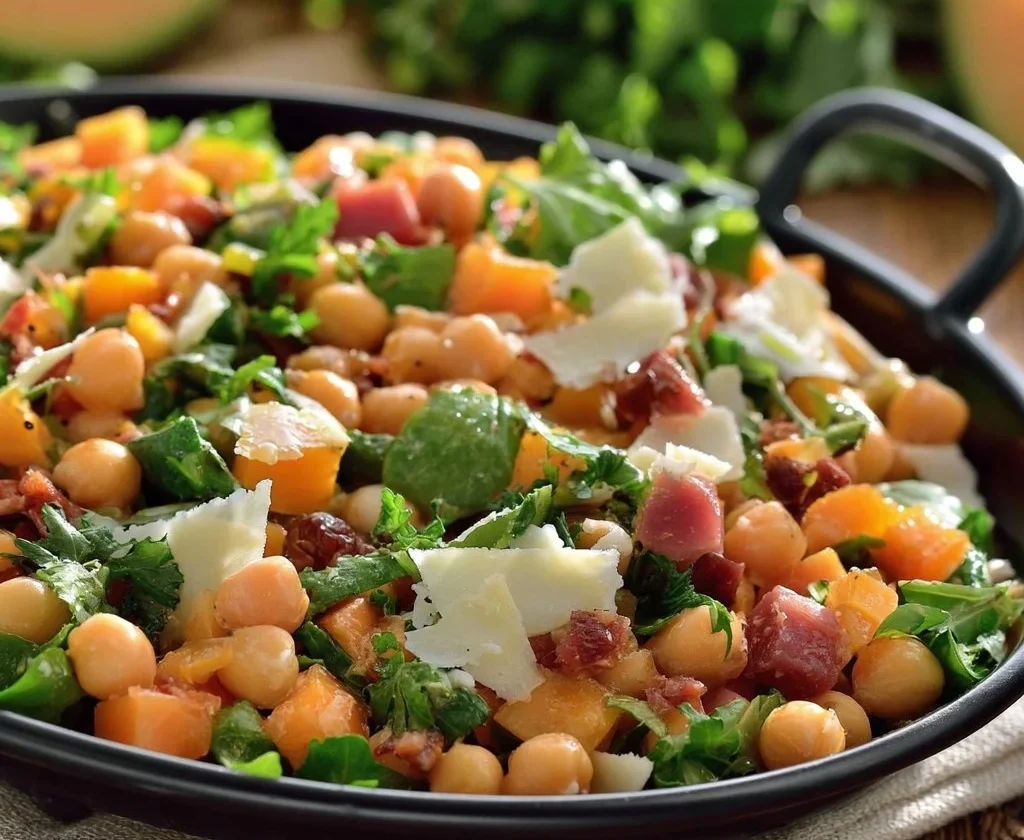 Insalata di ceci con rucola, prosciutto e melone servita in un piatto