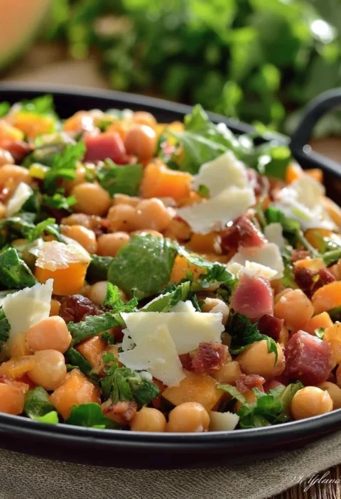 Insalata di ceci con rucola, prosciutto e melone servita in un piatto