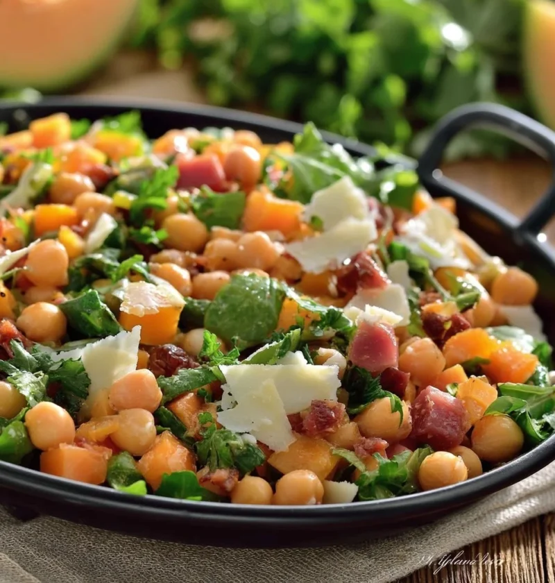 Insalata di ceci con rucola, prosciutto e melone servita in un piatto