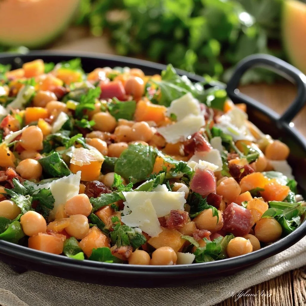 Insalata di ceci con rucola, prosciutto e melone servita in un piatto