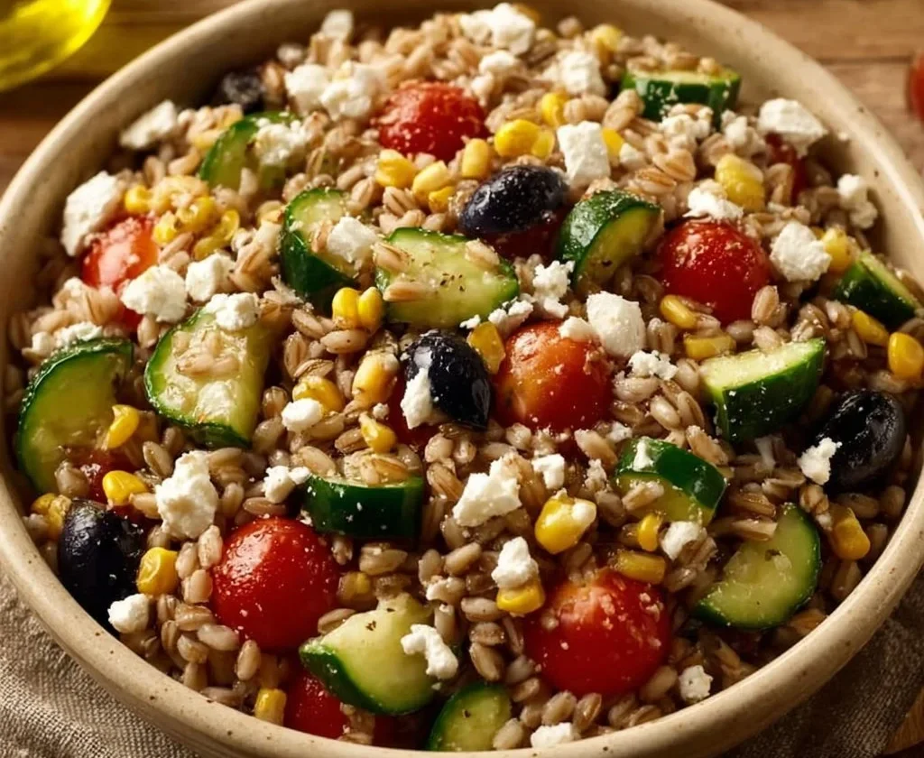 Insalata di farro con verdure fresche e condimenti