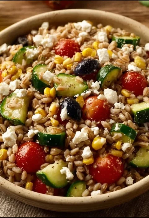 Insalata di farro con verdure fresche e condimenti
