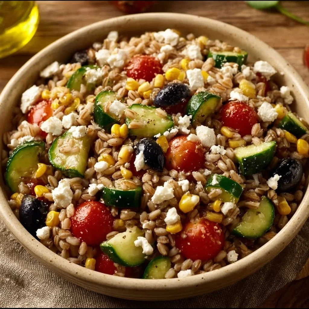 Insalata di farro con verdure fresche e condimenti