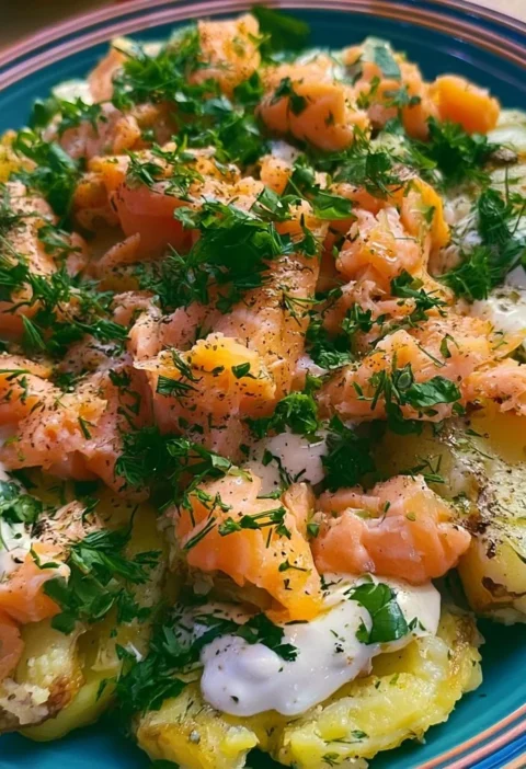 Insalata di Patate e Salmone con ingredienti freschi servita in un piatto elegante.