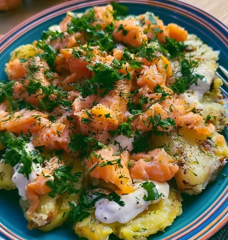 Insalata di Patate e Salmone con ingredienti freschi servita in un piatto elegante.