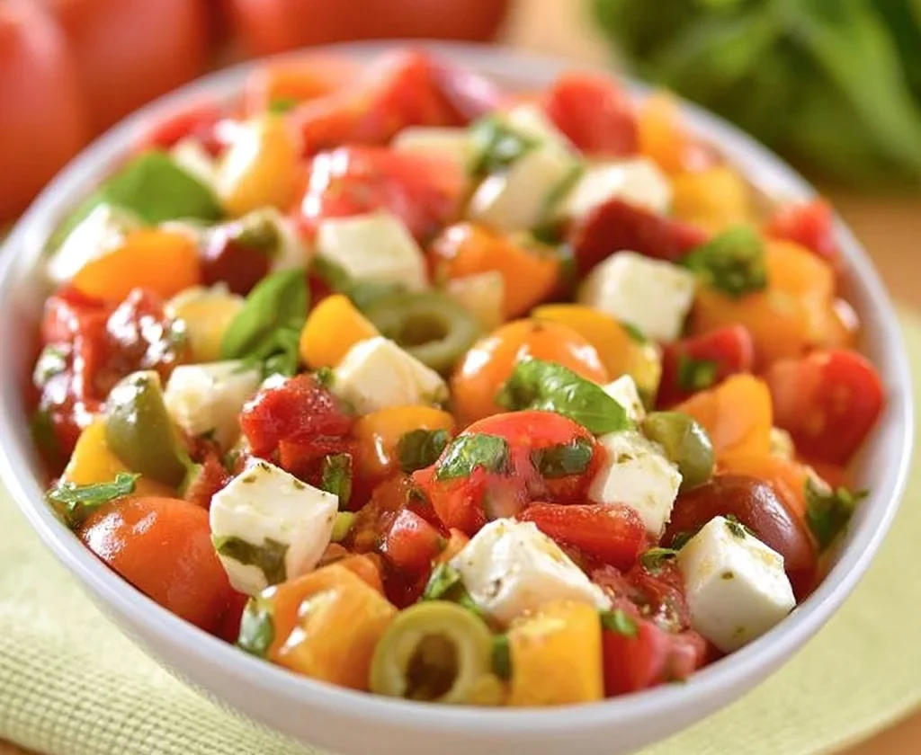 Insalata di Pomodori e Formaggio Primo Sale servita in un piatto colorato