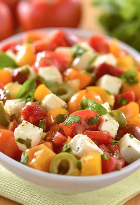 Insalata di Pomodori e Formaggio Primo Sale servita in un piatto colorato