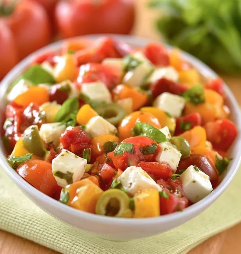 Insalata di Pomodori e Formaggio Primo Sale servita in un piatto colorato