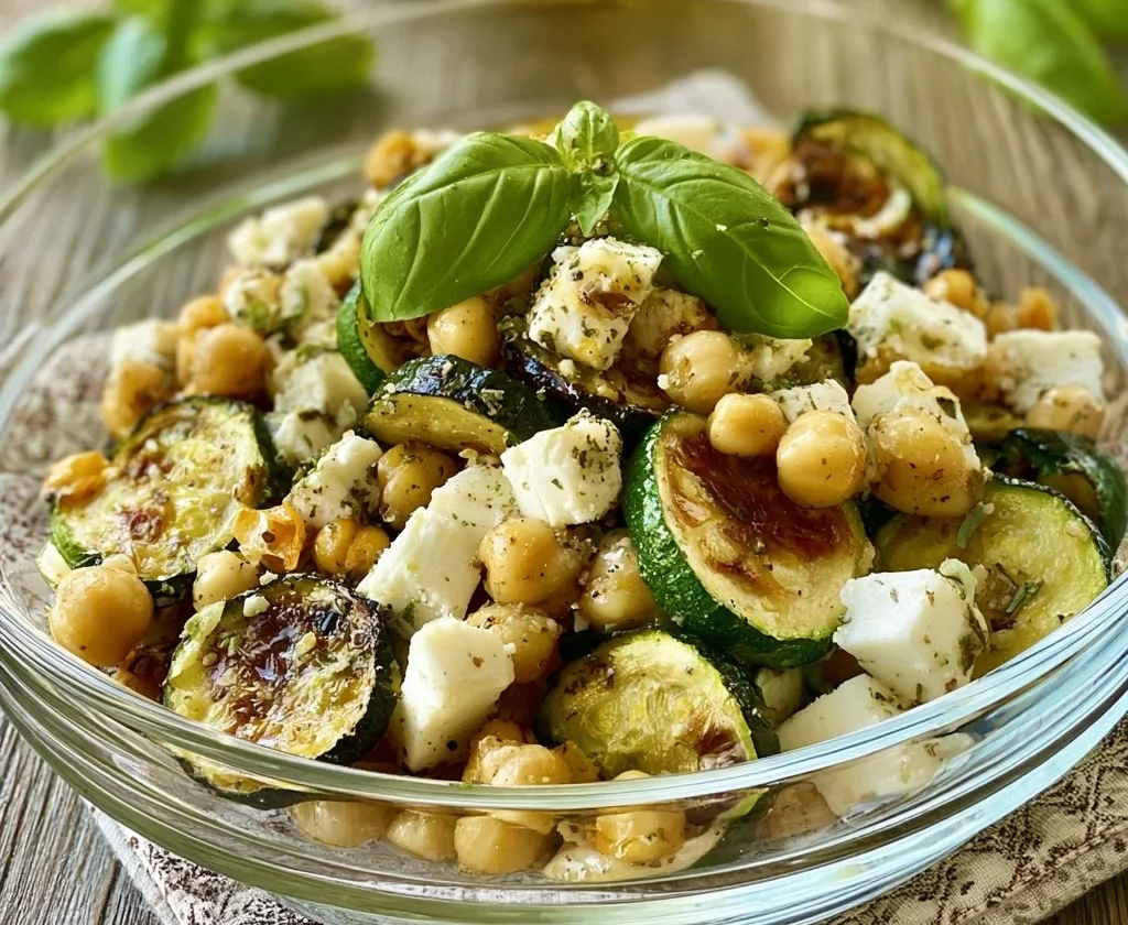 Insalata estiva con ceci, zucchine fresche e feta, un piatto salutare e gustoso.