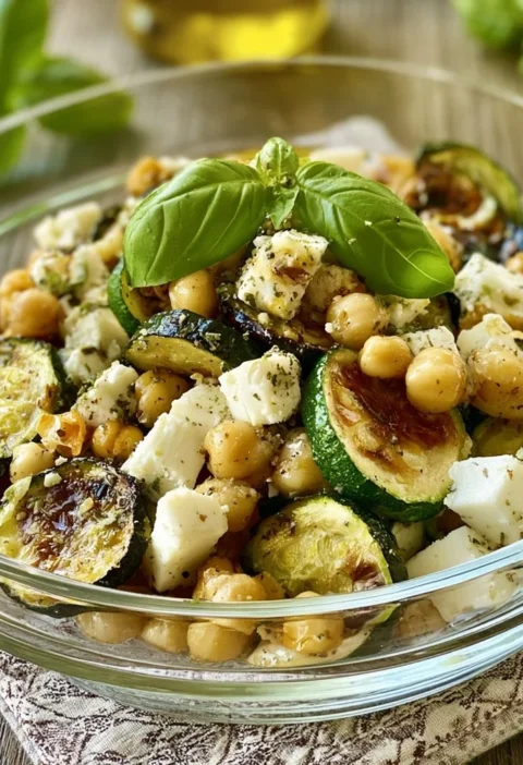 Insalata estiva con ceci, zucchine fresche e feta, un piatto salutare e gustoso.