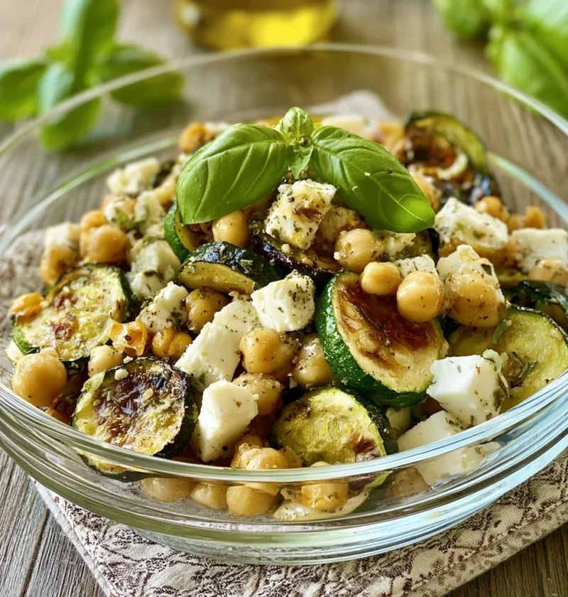 Insalata estiva con ceci, zucchine fresche e feta, un piatto salutare e gustoso.