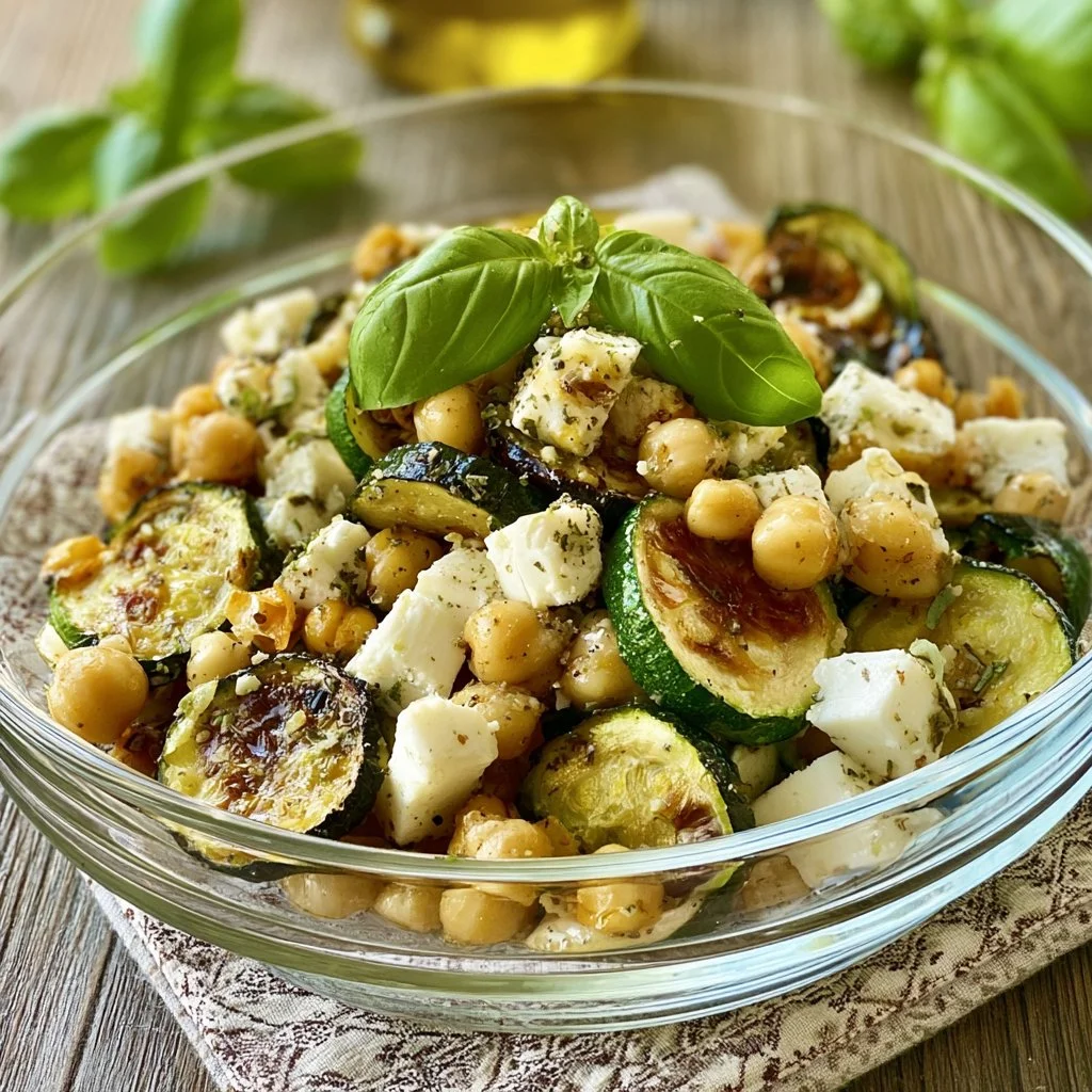 Insalata estiva con ceci, zucchine fresche e feta, un piatto salutare e gustoso.