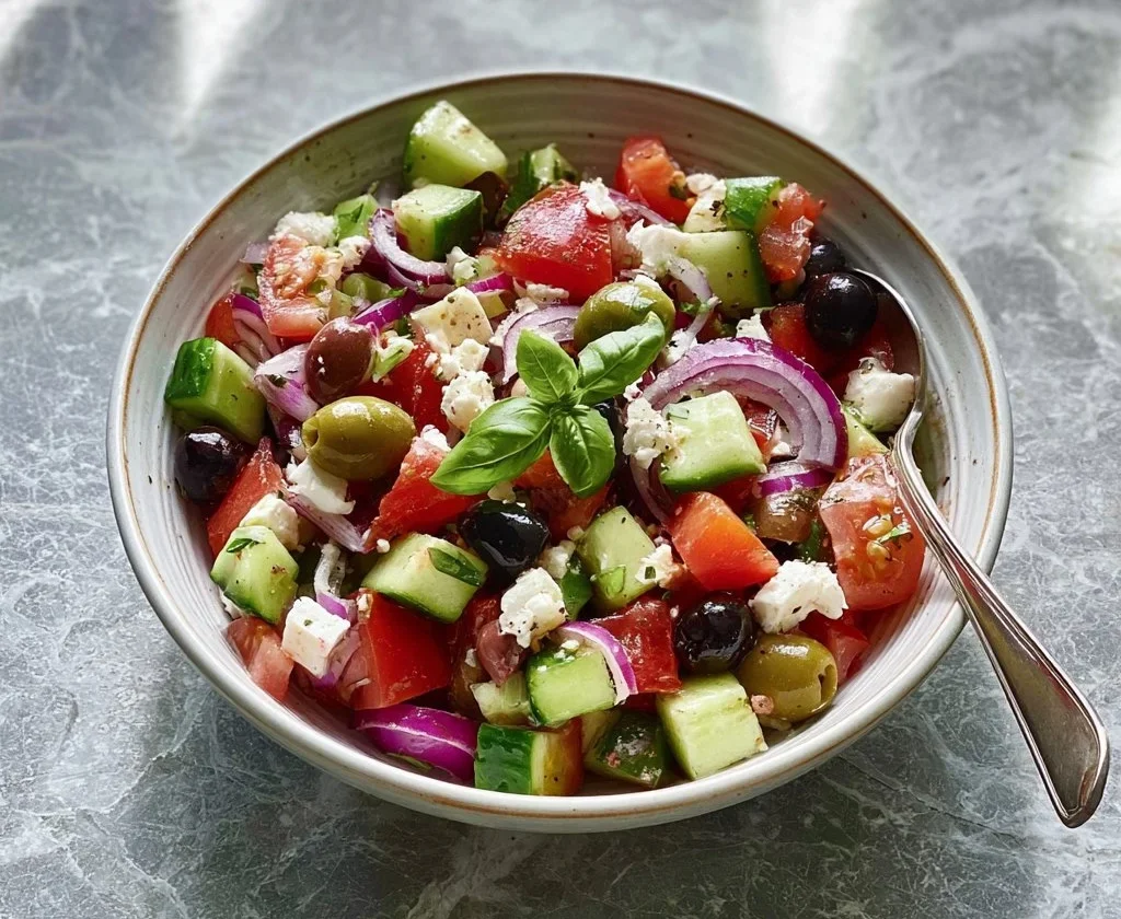 Insalata Greca fresca con pomodori, cetrioli, feta e olive