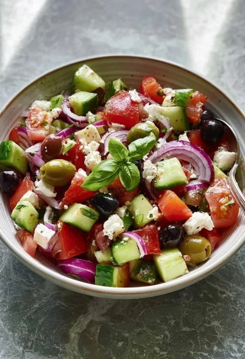 Insalata Greca fresca con pomodori, cetrioli, feta e olive