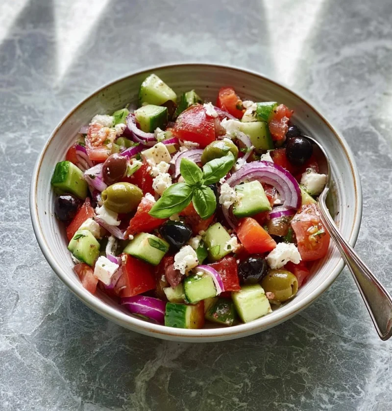 Insalata Greca fresca con pomodori, cetrioli, feta e olive