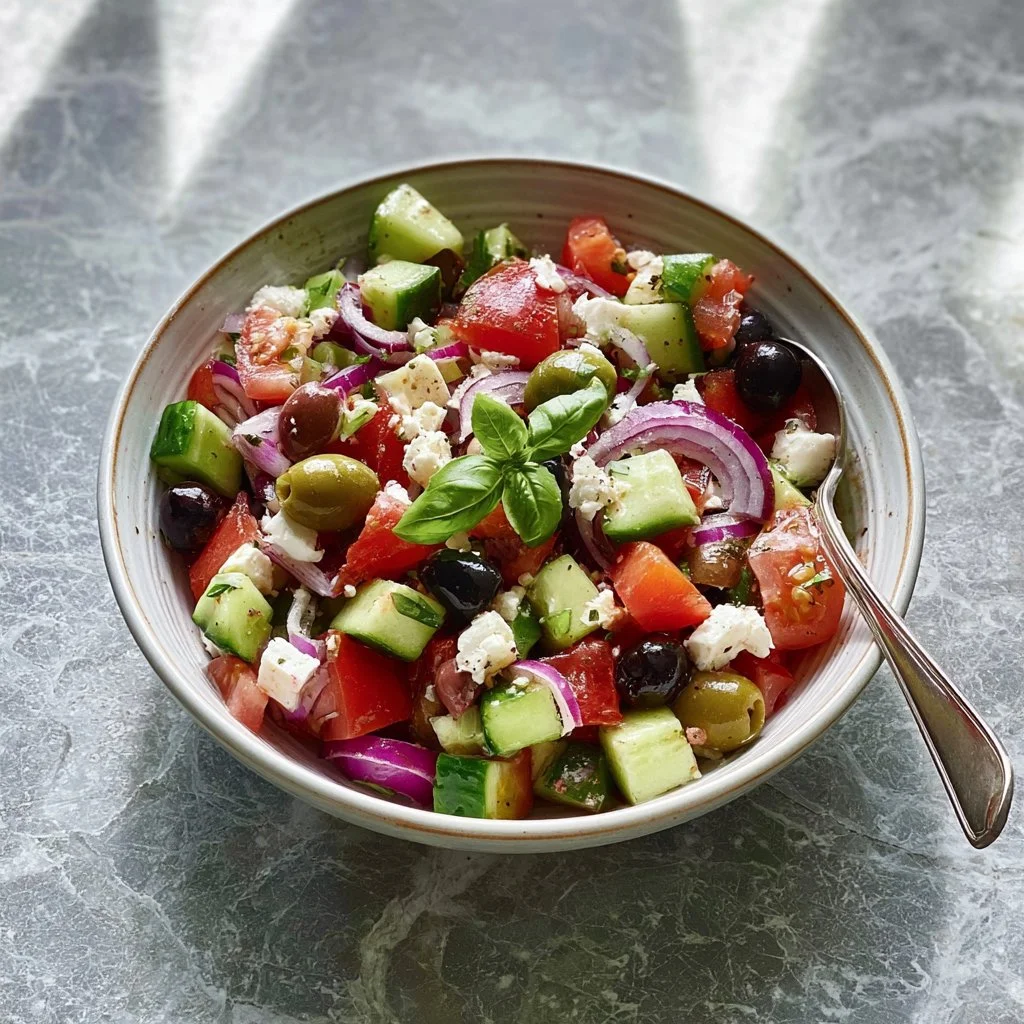 Insalata Greca fresca con pomodori, cetrioli, feta e olive
