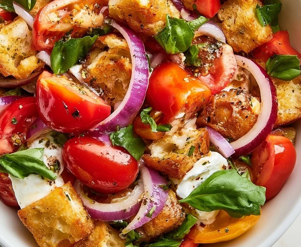 Insalata Panzanella con pomodori freschi e pane croccante