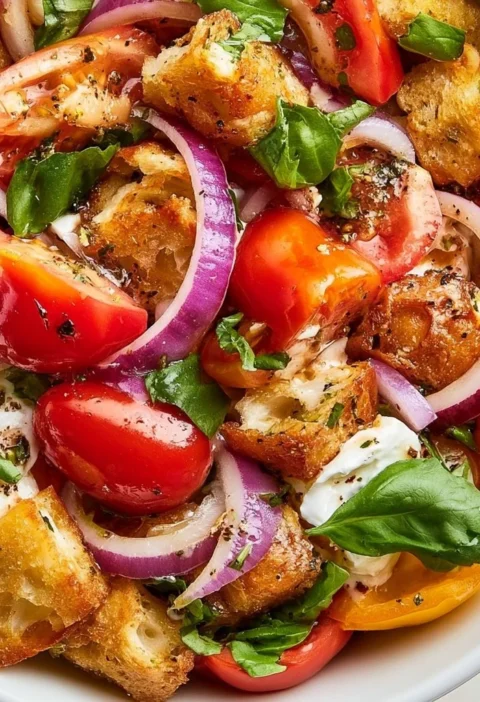Insalata Panzanella con pomodori freschi e pane croccante