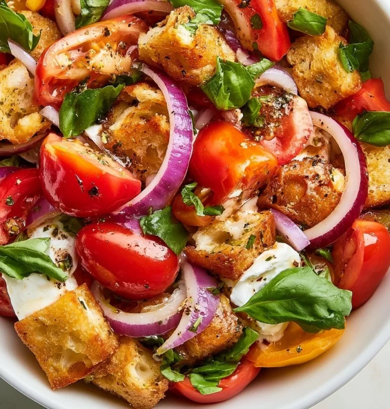 Insalata Panzanella con pomodori freschi e pane croccante