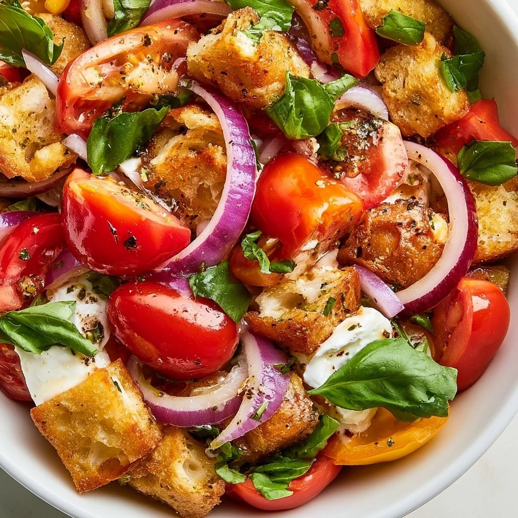 Insalata Panzanella con pomodori freschi e pane croccante