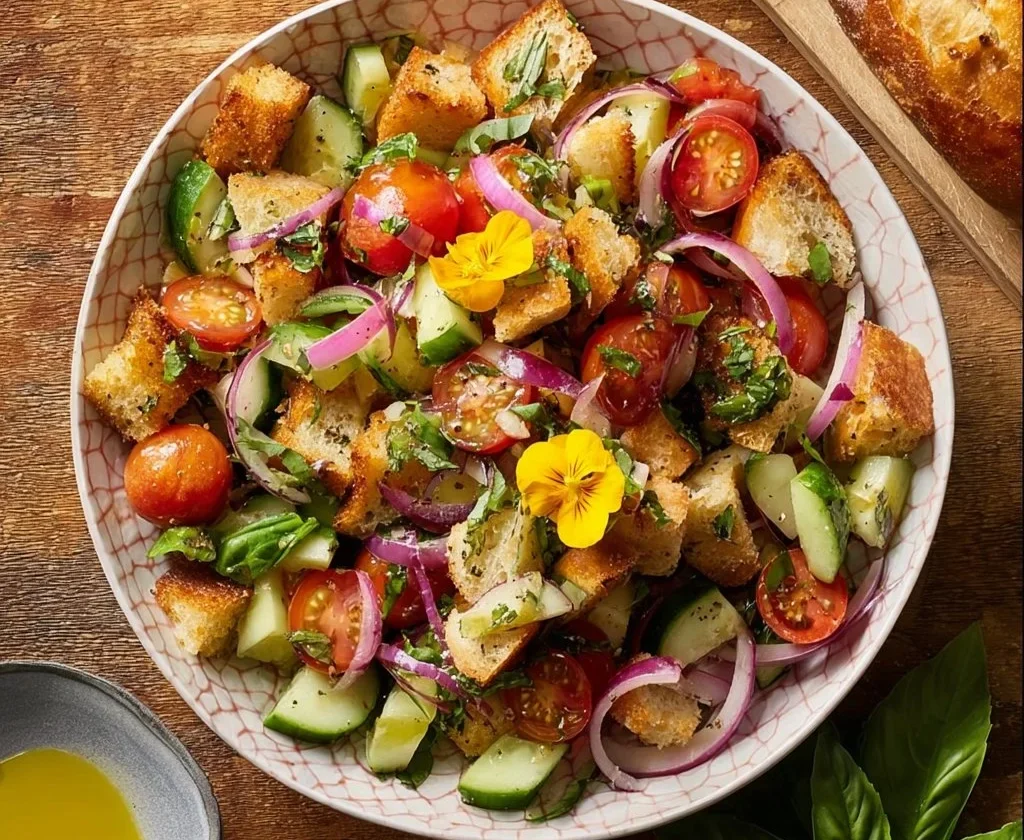 Insalata Panzenella con pane, pomodori e basilico fresco