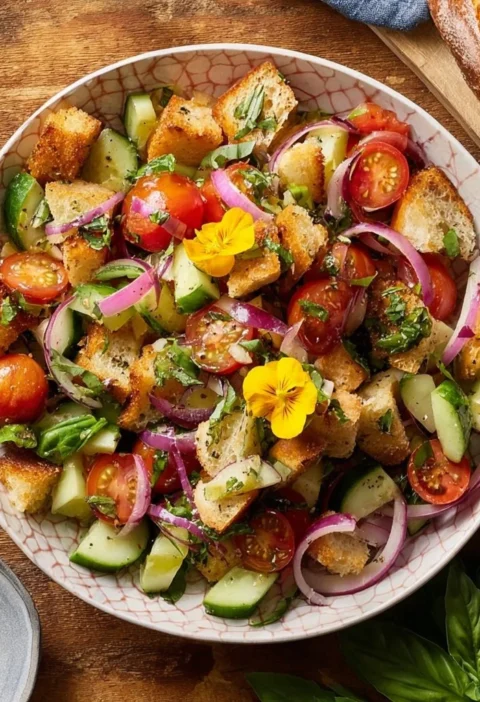 Insalata Panzenella con pane, pomodori e basilico fresco