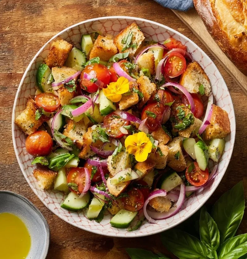 Insalata Panzenella con pane, pomodori e basilico fresco